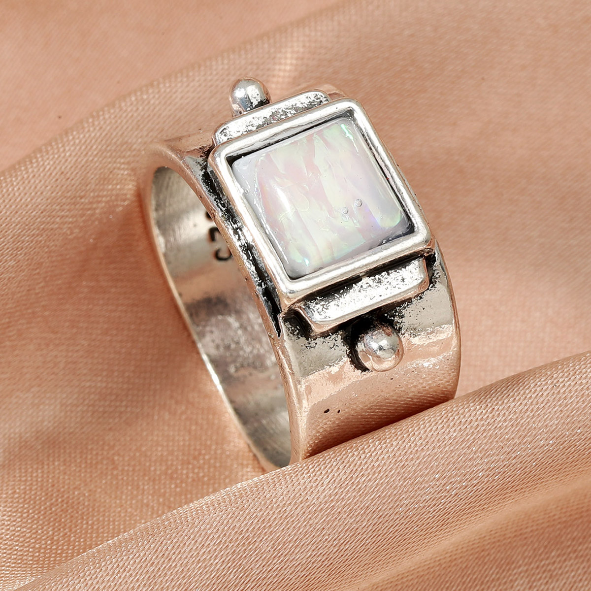 Vintage Silver Ring with White Opal Inlay